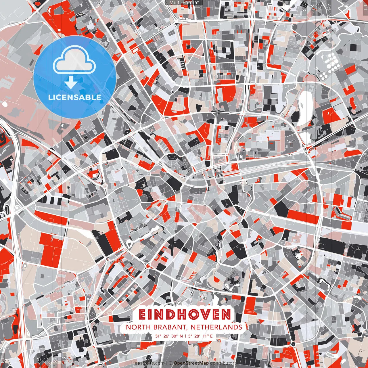 Eindhoven, North Brabant, Netherlands - modern street map poster template with gray and red tones