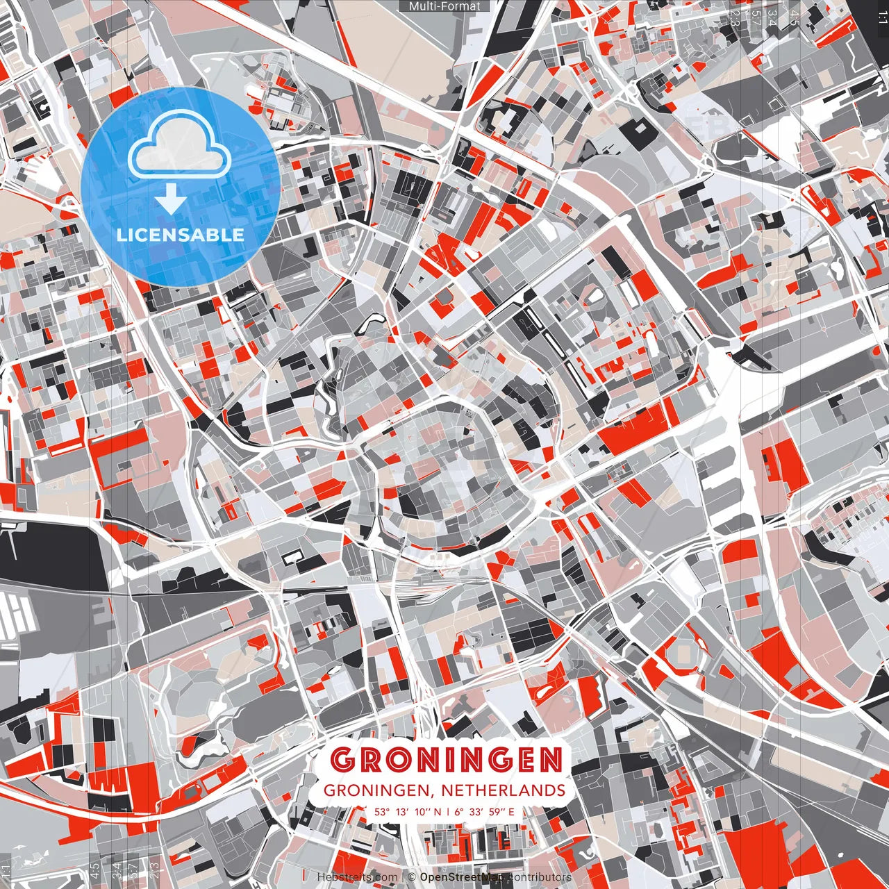 Groningen, Groningen, Netherlands - modern street map poster template with gray and red tones