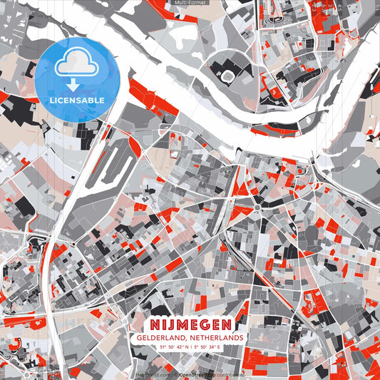 Nijmegen, Gelderland, Netherlands - modern street map poster template with gray and red tones