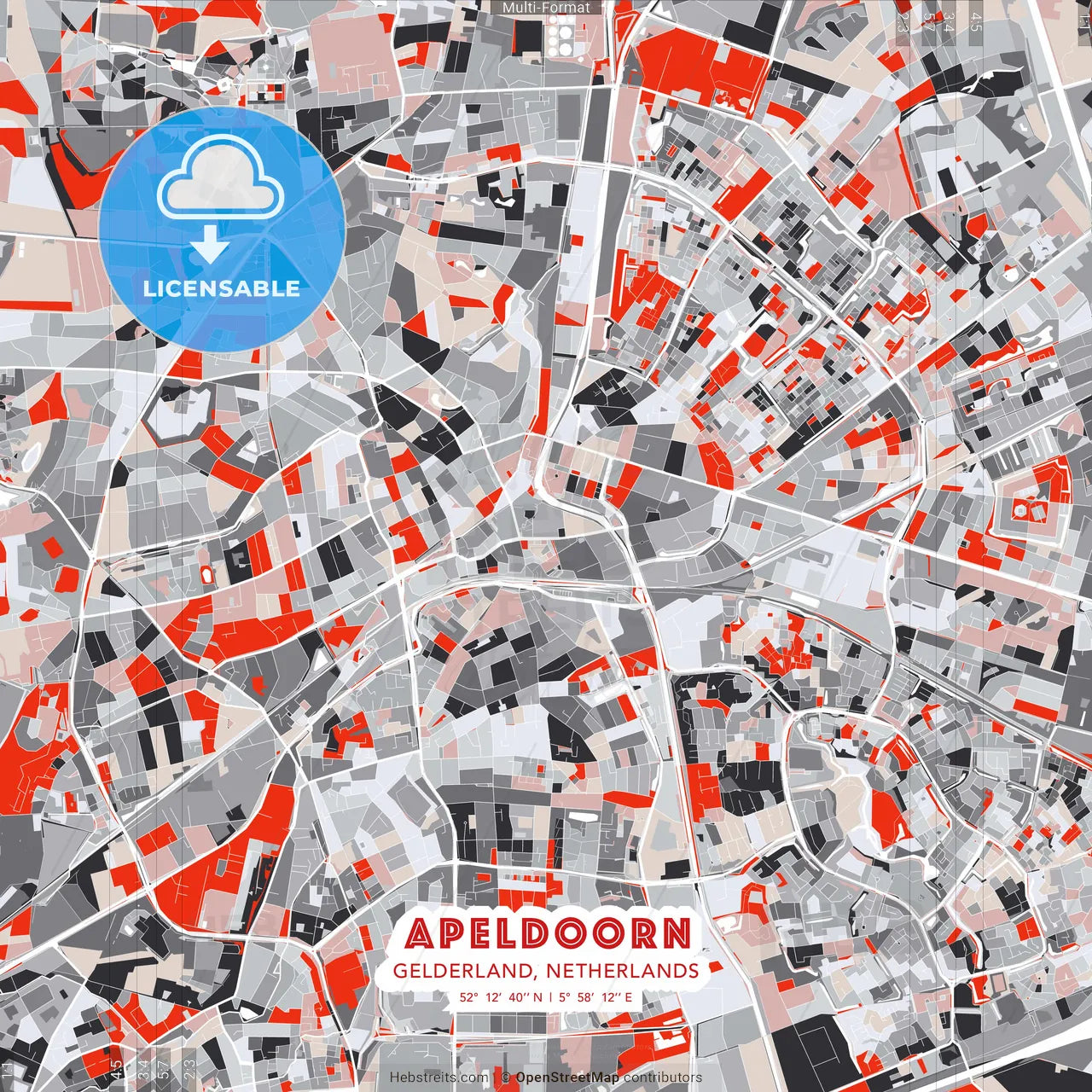 Apeldoorn, Gelderland, Netherlands - modern street map poster template with gray and red tones