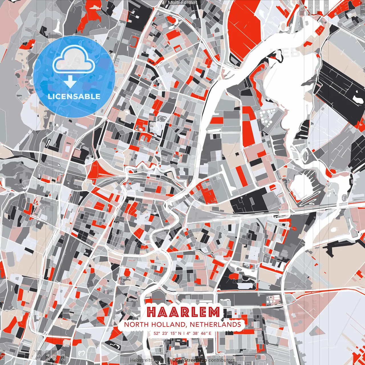 Haarlem, North Holland, Netherlands - modern street map poster template with gray and red tones