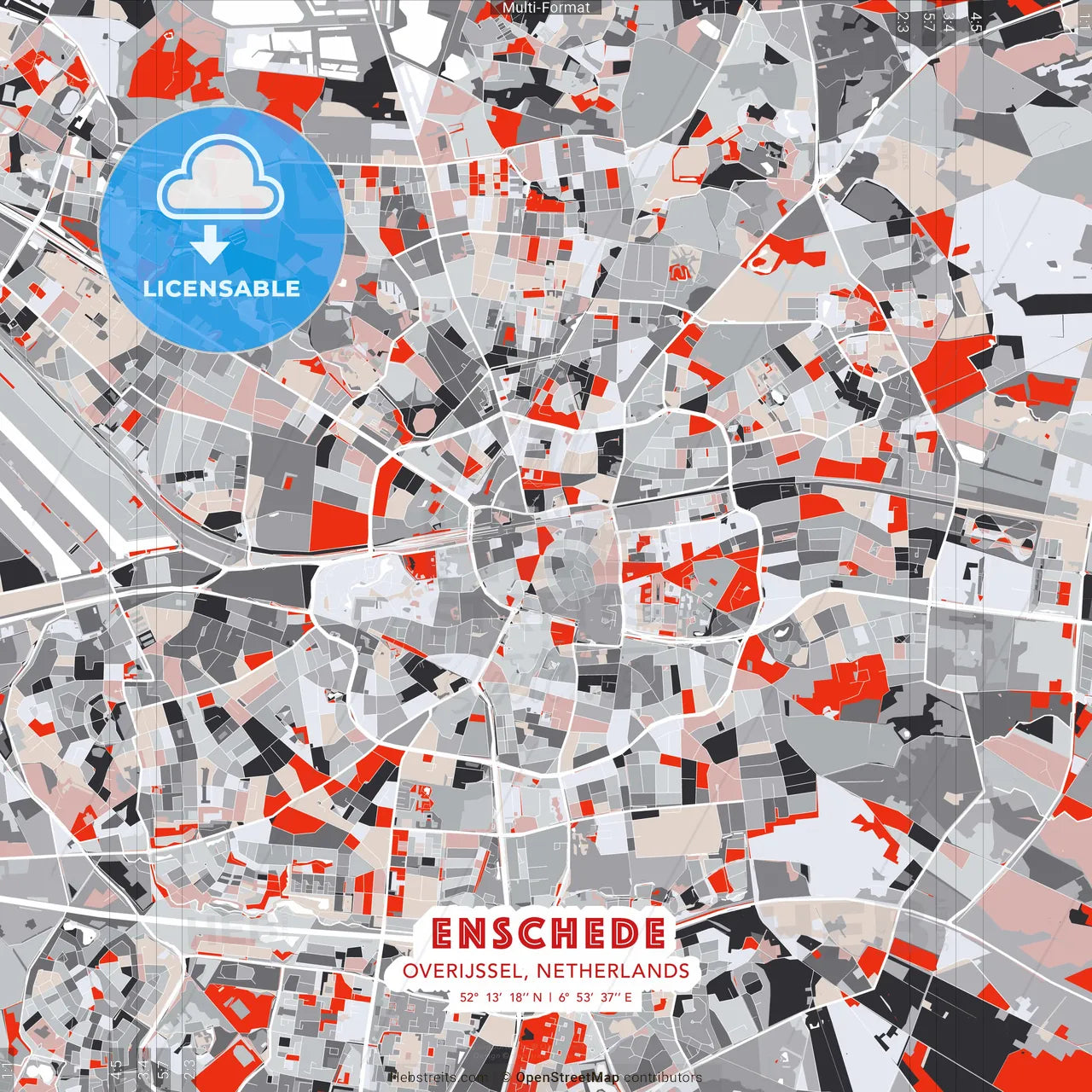 Enschede, Overijssel, Netherlands - modern street map poster template with gray and red tones