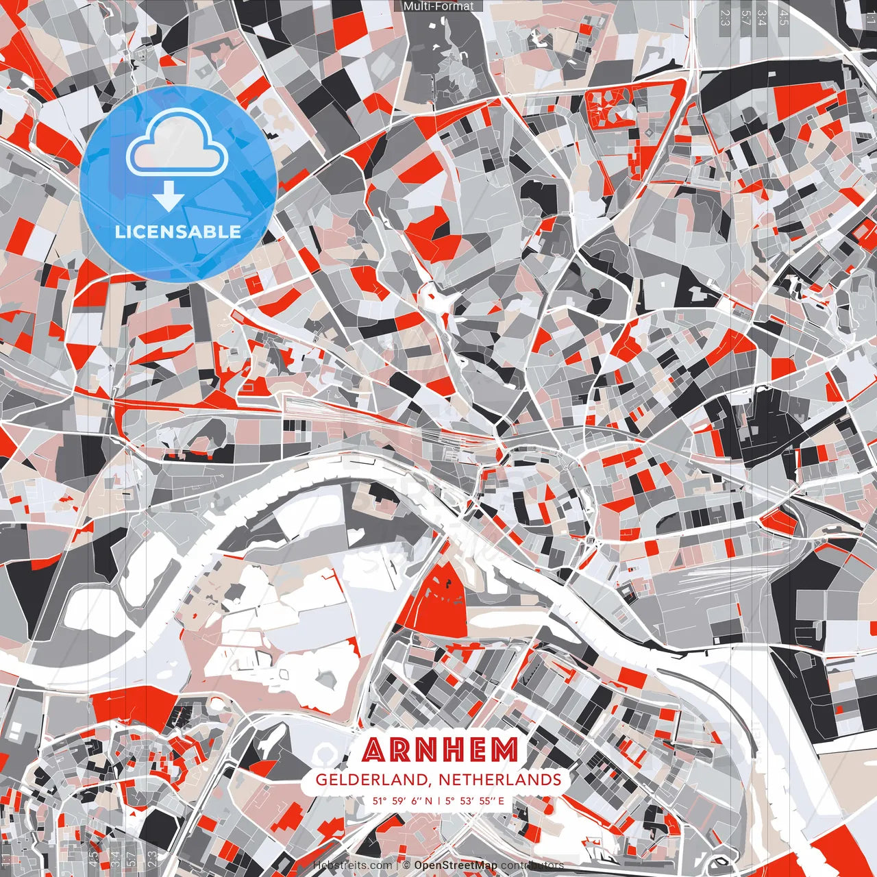 Arnhem, Gelderland, Netherlands - modern street map poster template with gray and red tones