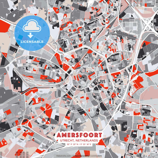 Amersfoort, Utrecht, Netherlands - modern street map poster template with gray and red tones