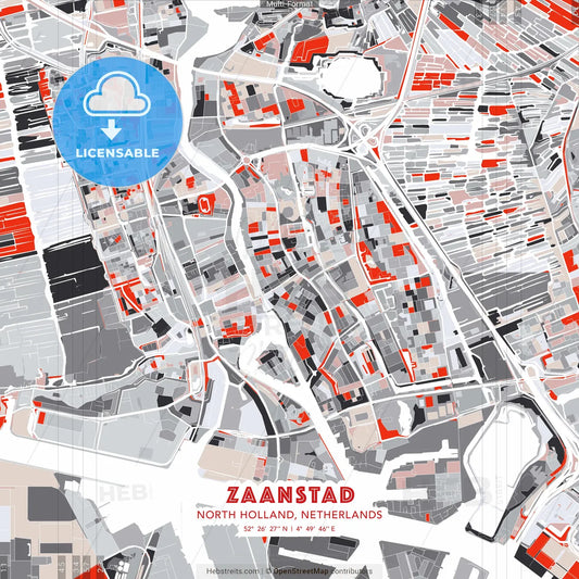 Zaanstad, North Holland, Netherlands - modern street map poster template with gray and red tones