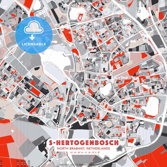 s-Hertogenbosch, North Brabant, Netherlands - modern street map poster template with gray and red tones