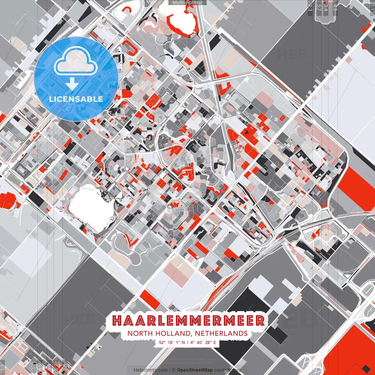Haarlemmermeer, North Holland, Netherlands - modern street map poster template with gray and red tones