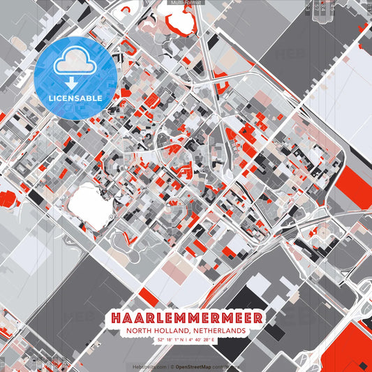 Haarlemmermeer, North Holland, Netherlands - modern street map poster template with gray and red tones