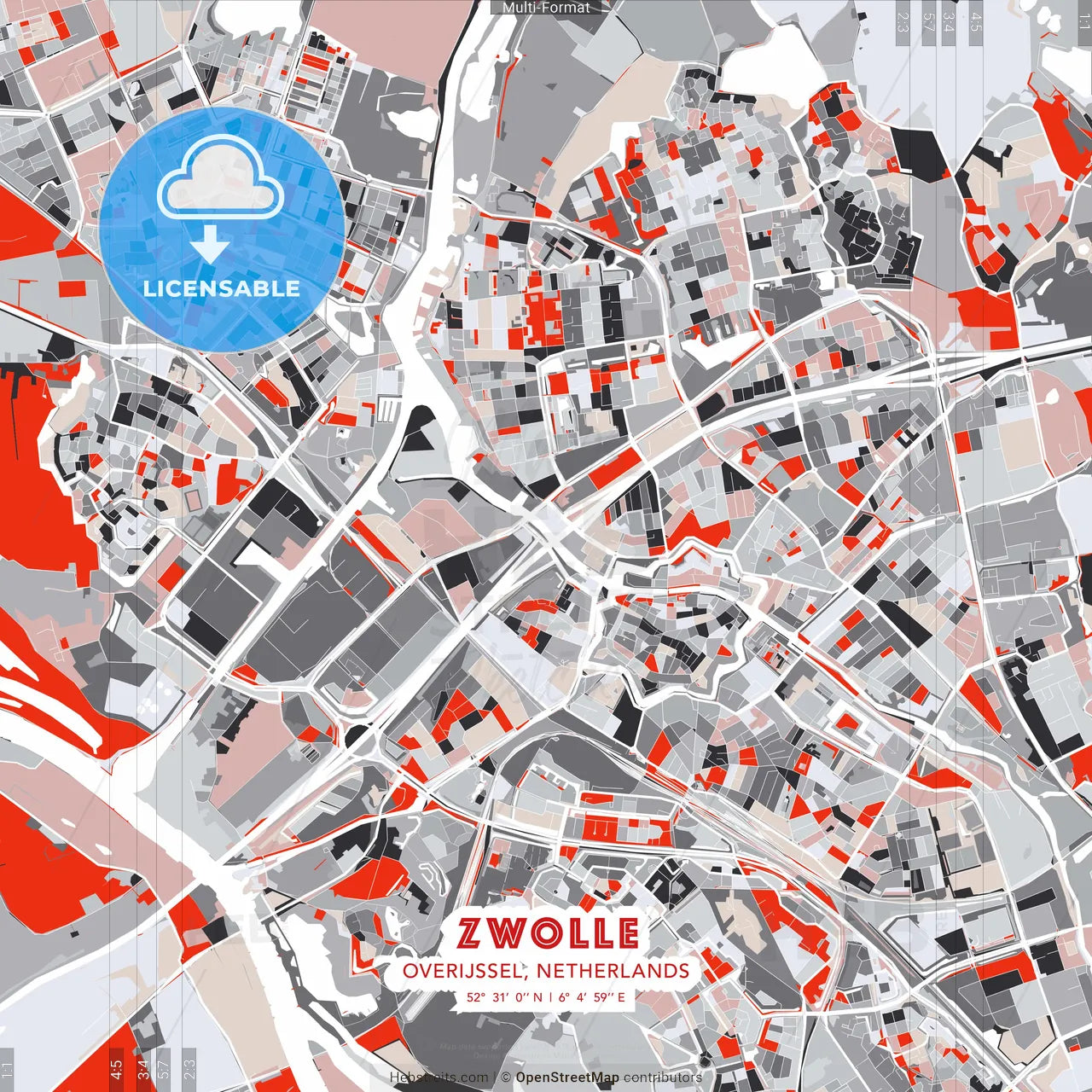 Zwolle, Overijssel, Netherlands - modern street map poster template with gray and red tones