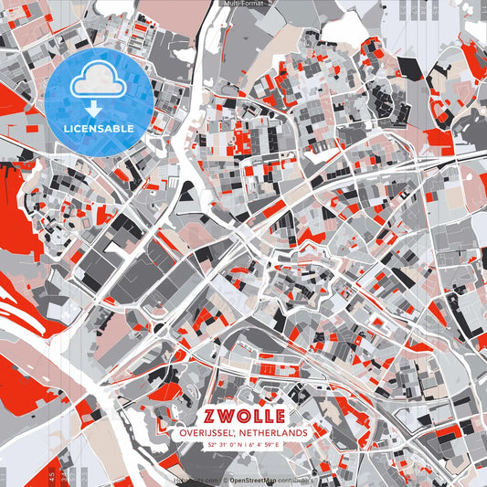 Zwolle, Overijssel, Netherlands - modern street map poster template with gray and red tones