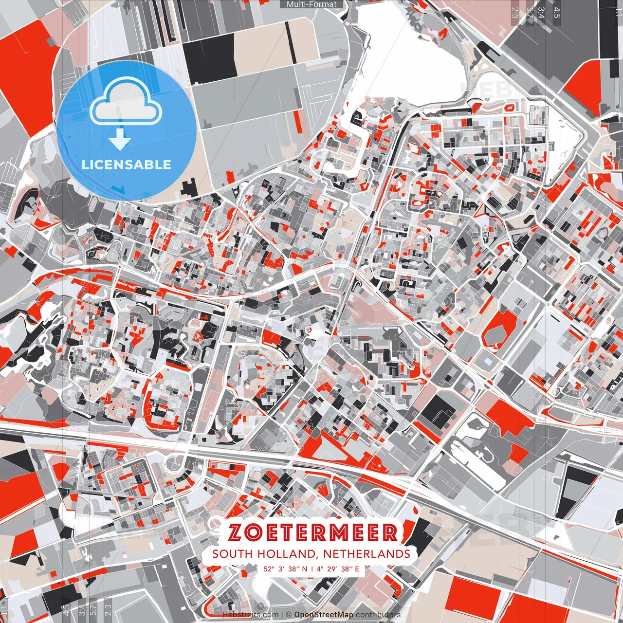 Zoetermeer, South Holland, Netherlands - modern street map poster template with gray and red tones