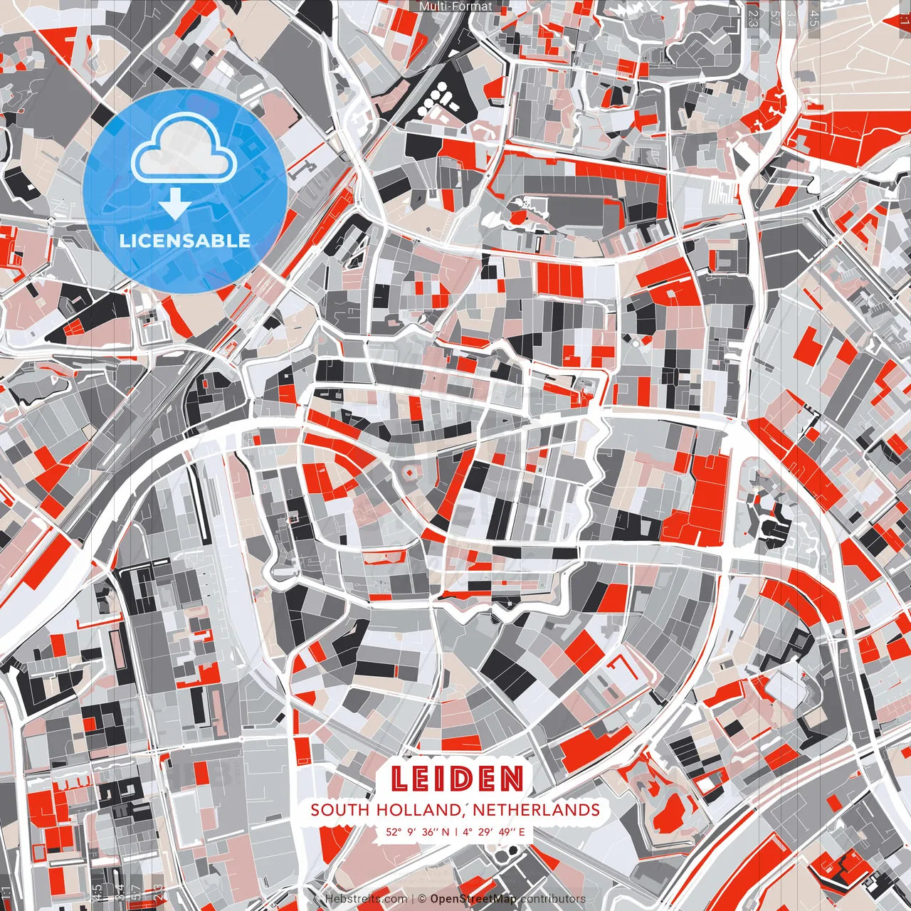 Leiden, South Holland, Netherlands - modern street map poster template with gray and red tones