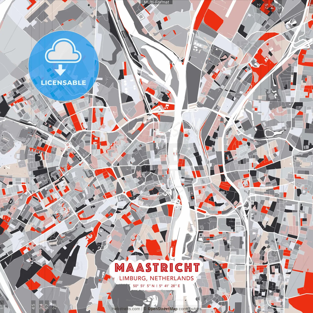 Maastricht, Limburg, Netherlands - modern street map poster template with gray and red tones