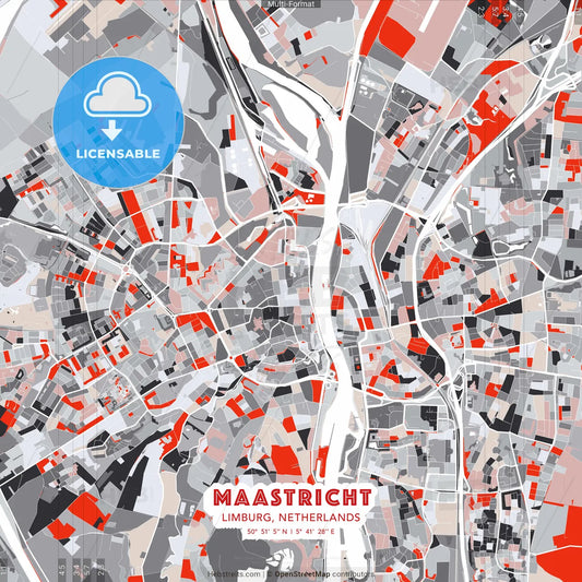 Maastricht, Limburg, Netherlands - modern street map poster template with gray and red tones