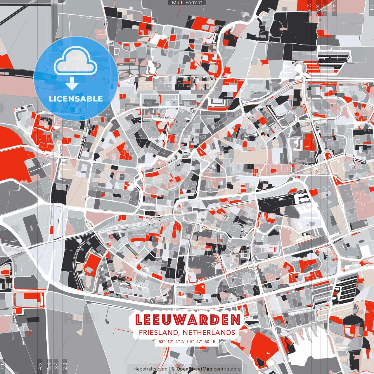 Leeuwarden, Friesland, Netherlands - modern street map poster template with gray and red tones
