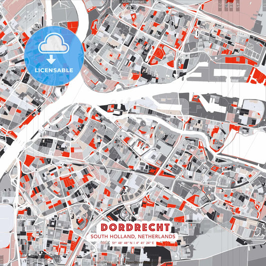 Dordrecht, South Holland, Netherlands - modern street map poster template with gray and red tones