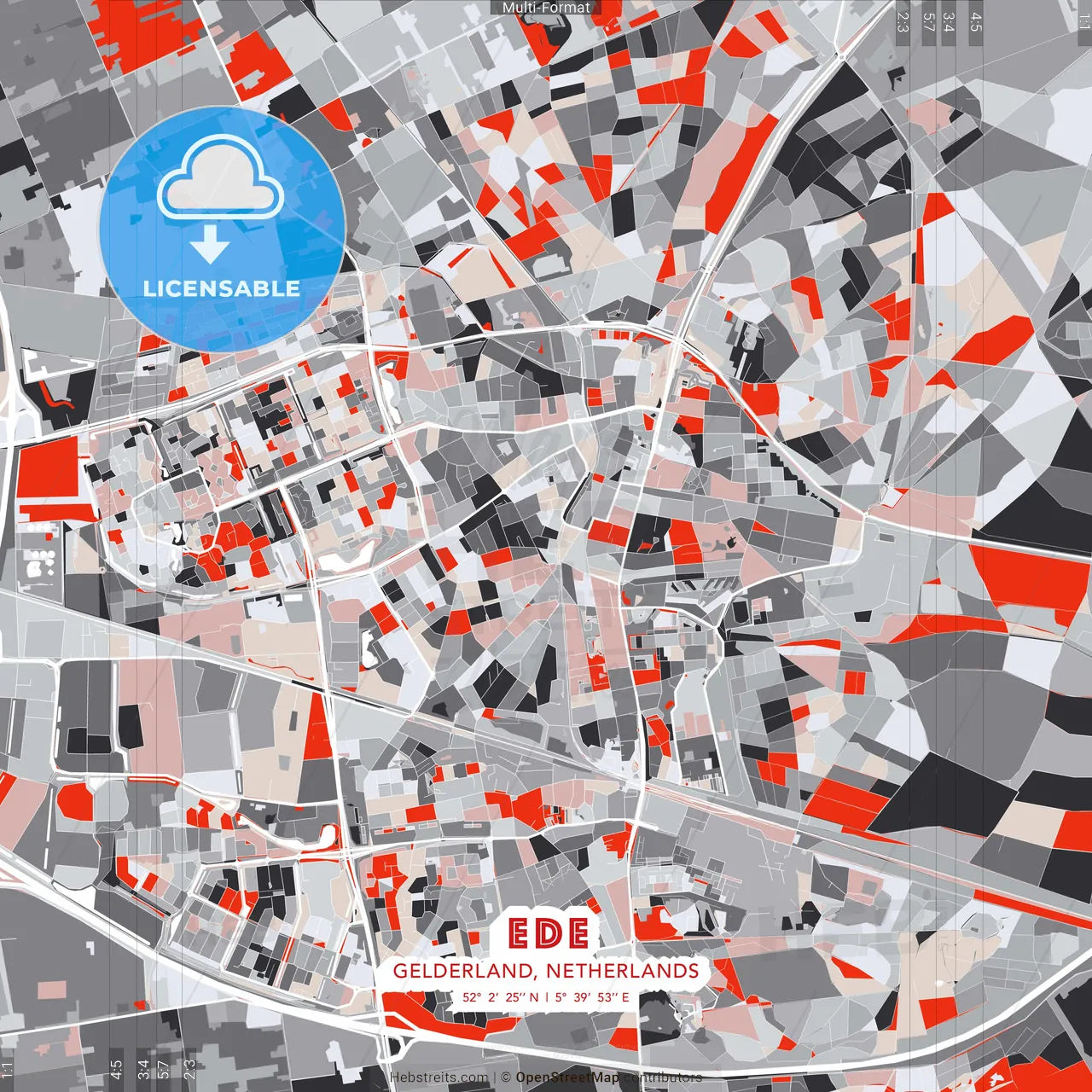 Ede, Gelderland, Netherlands - modern street map poster template with gray and red tones