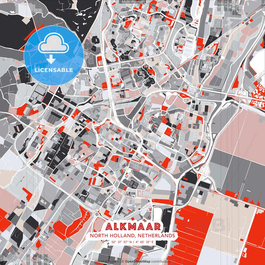 Alkmaar, North Holland, Netherlands - modern street map poster template with gray and red tones