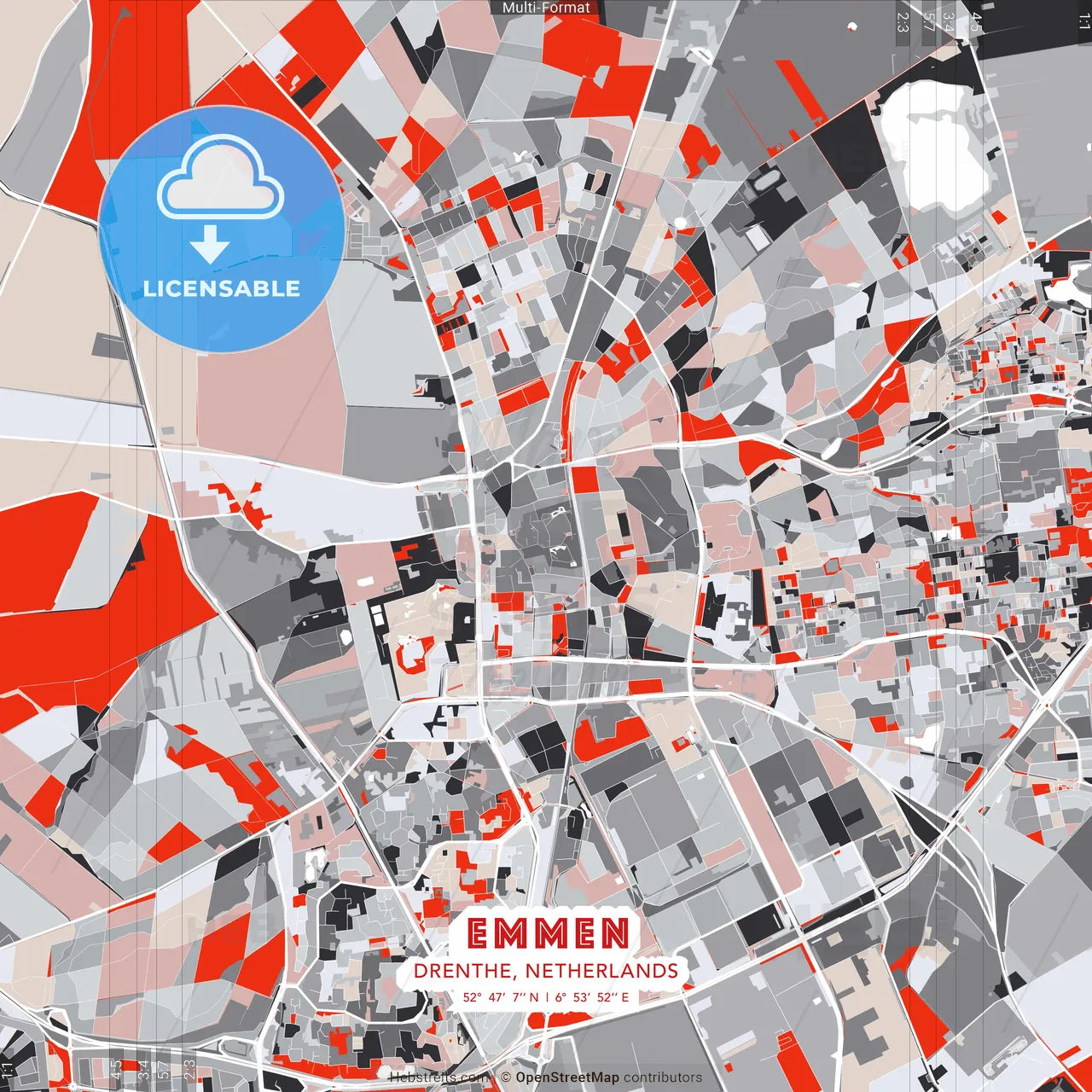 Emmen, Drenthe, Netherlands - modern street map poster template with gray and red tones