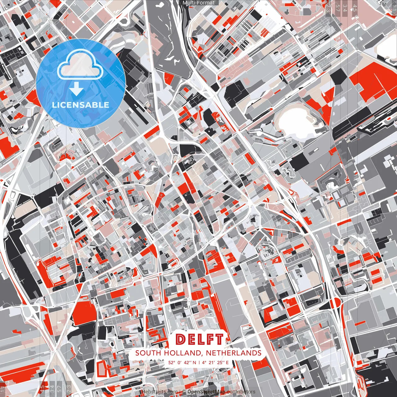 Delft, South Holland, Netherlands - modern street map poster template with gray and red tones