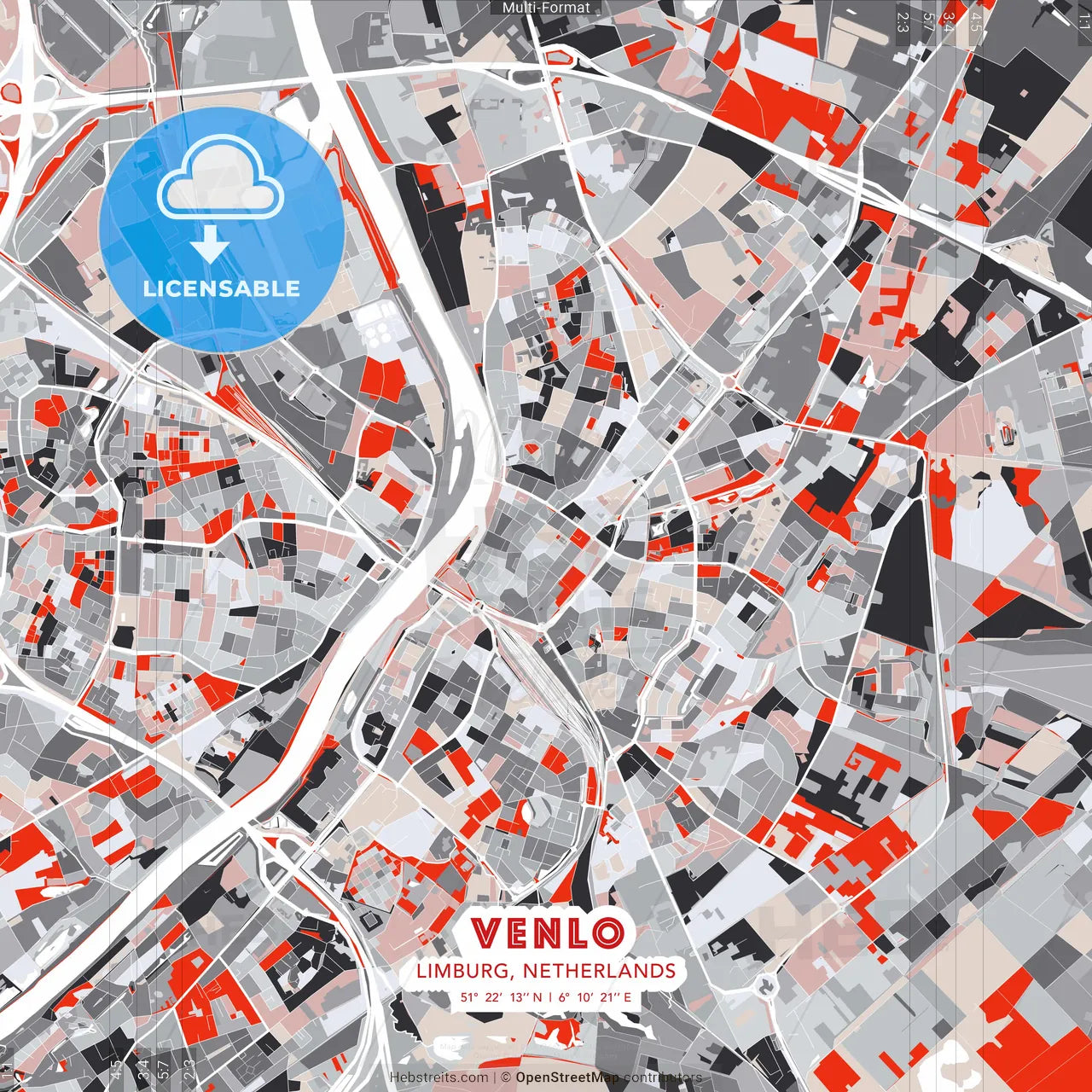 Venlo, Limburg, Netherlands - modern street map poster template with gray and red tones