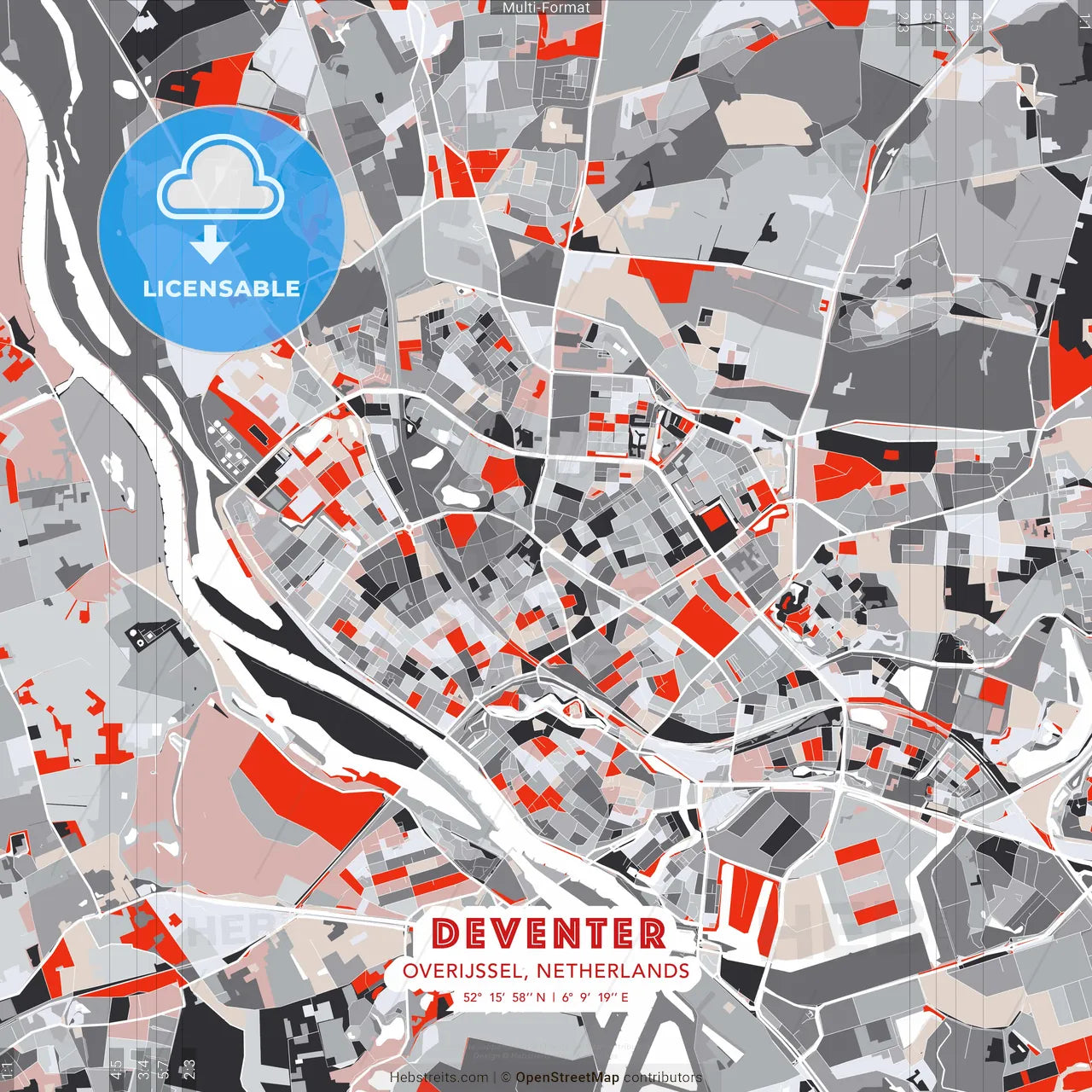 Deventer, Overijssel, Netherlands - modern street map poster template with gray and red tones