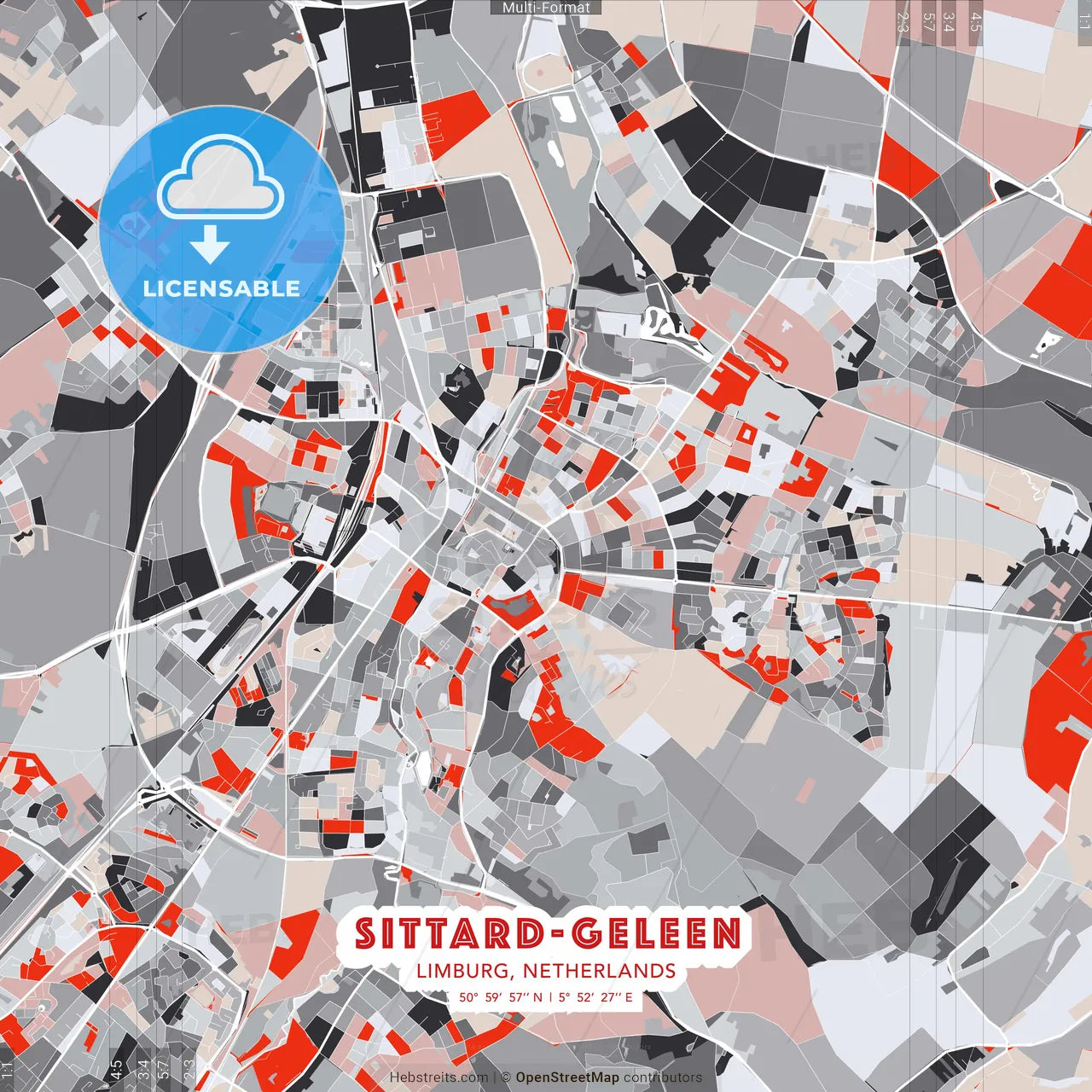 Sittard-Geleen, Limburg, Netherlands - modern street map poster template with gray and red tones