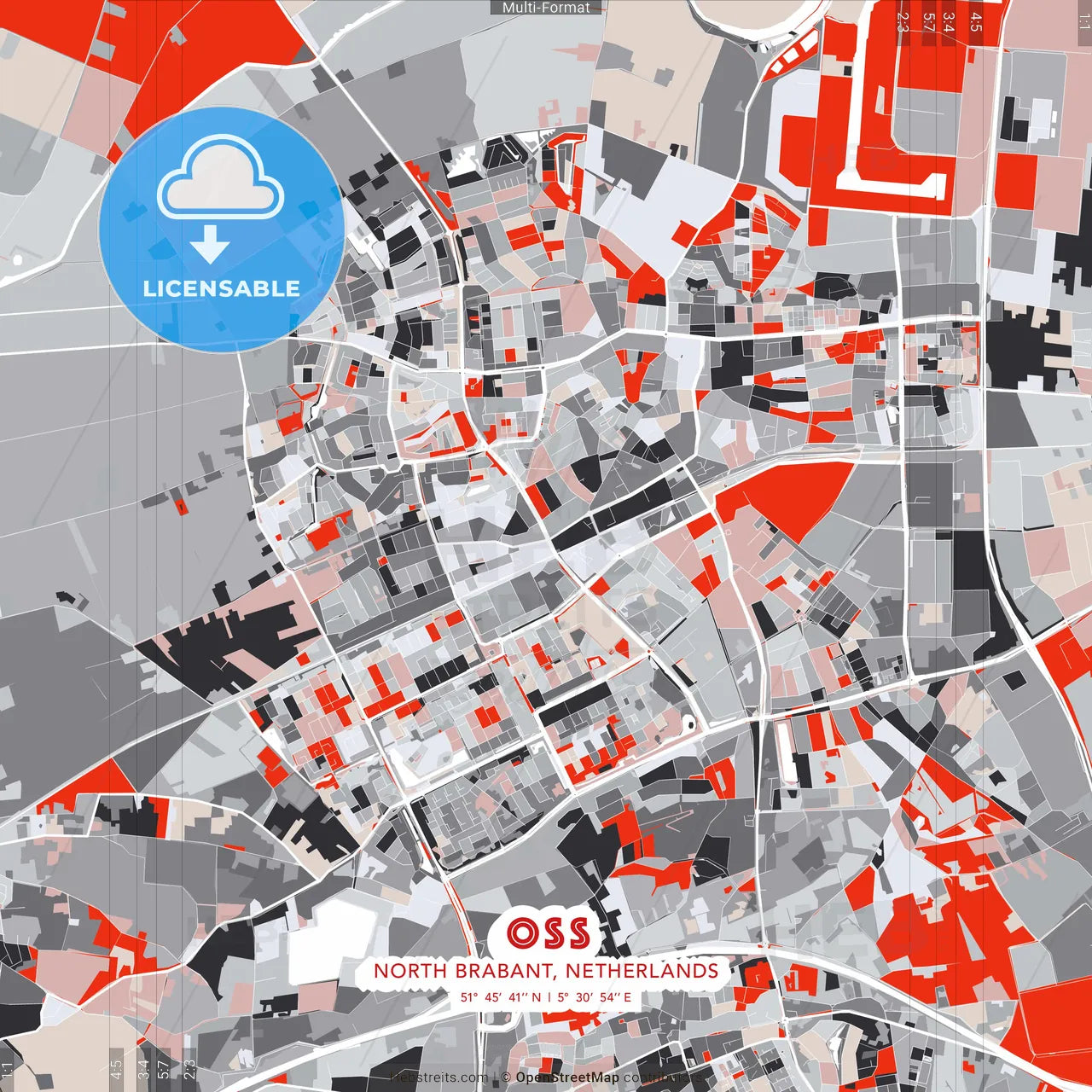 Oss, North Brabant, Netherlands - modern street map poster template with gray and red tones