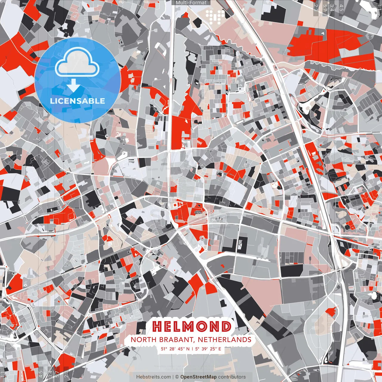 Helmond, North Brabant, Netherlands - modern street map poster template with gray and red tones