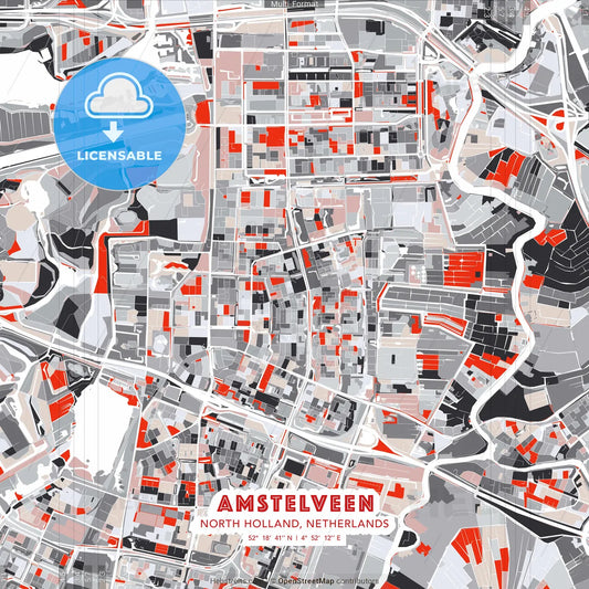 Amstelveen, North Holland, Netherlands - modern street map poster template with gray and red tones