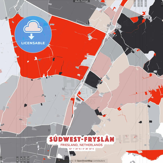 Súdwest-Fryslân, Friesland, Netherlands - modern street map poster template with gray and red tones