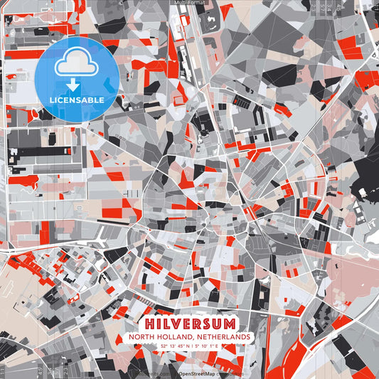 Hilversum, North Holland, Netherlands - modern street map poster template with gray and red tones
