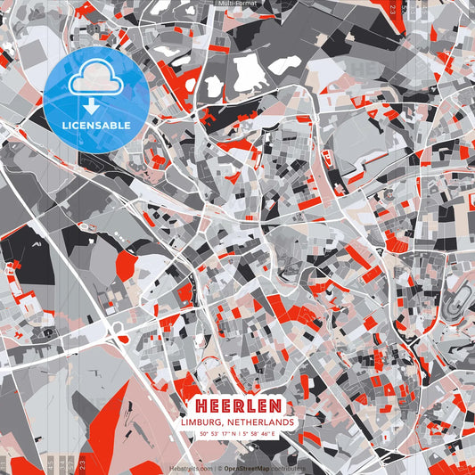 Heerlen, Limburg, Netherlands - modern street map poster template with gray and red tones