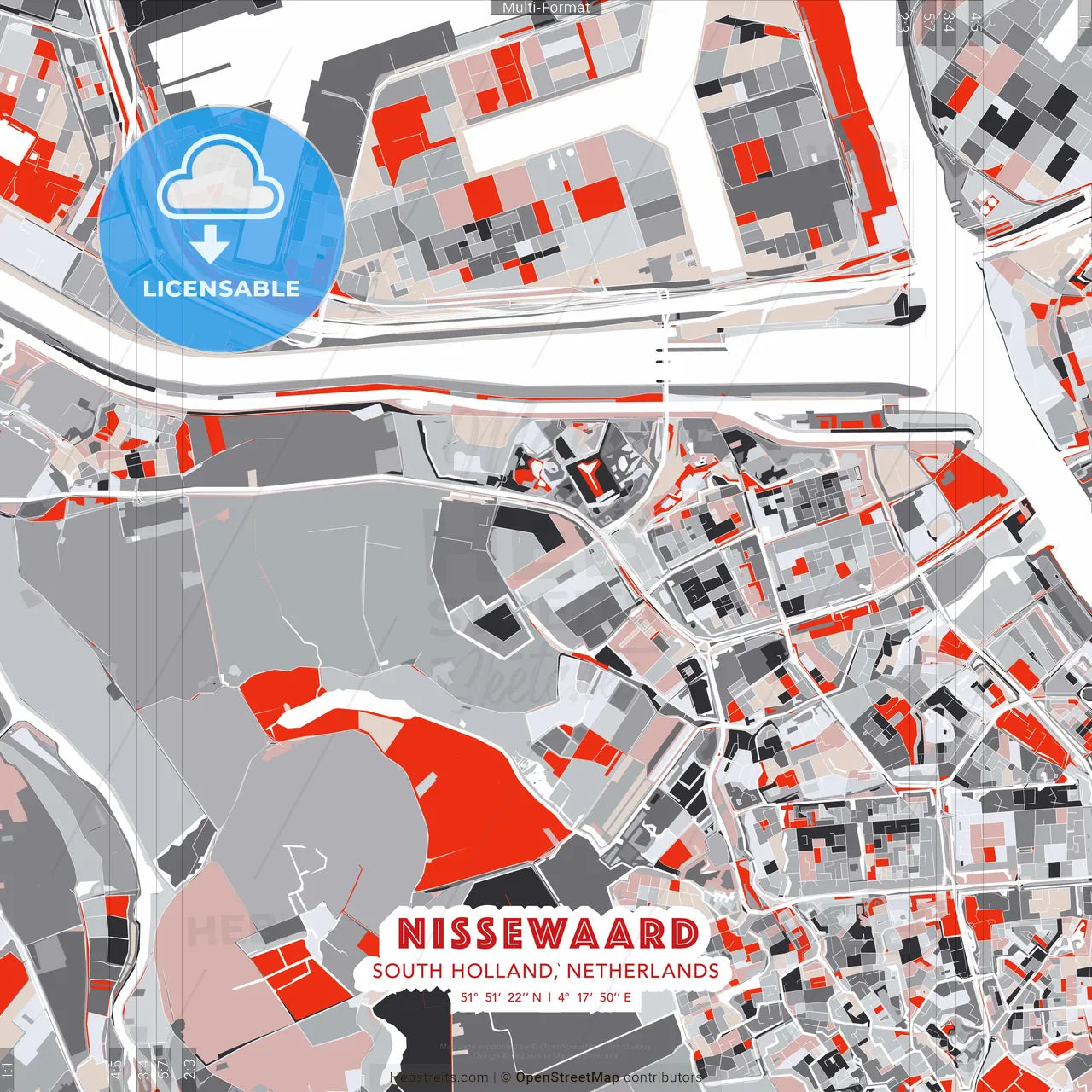 Nissewaard, South Holland, Netherlands - modern street map poster template with gray and red tones