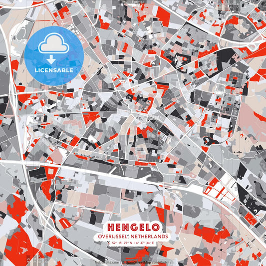 Hengelo, Overijssel, Netherlands - modern street map poster template with gray and red tones
