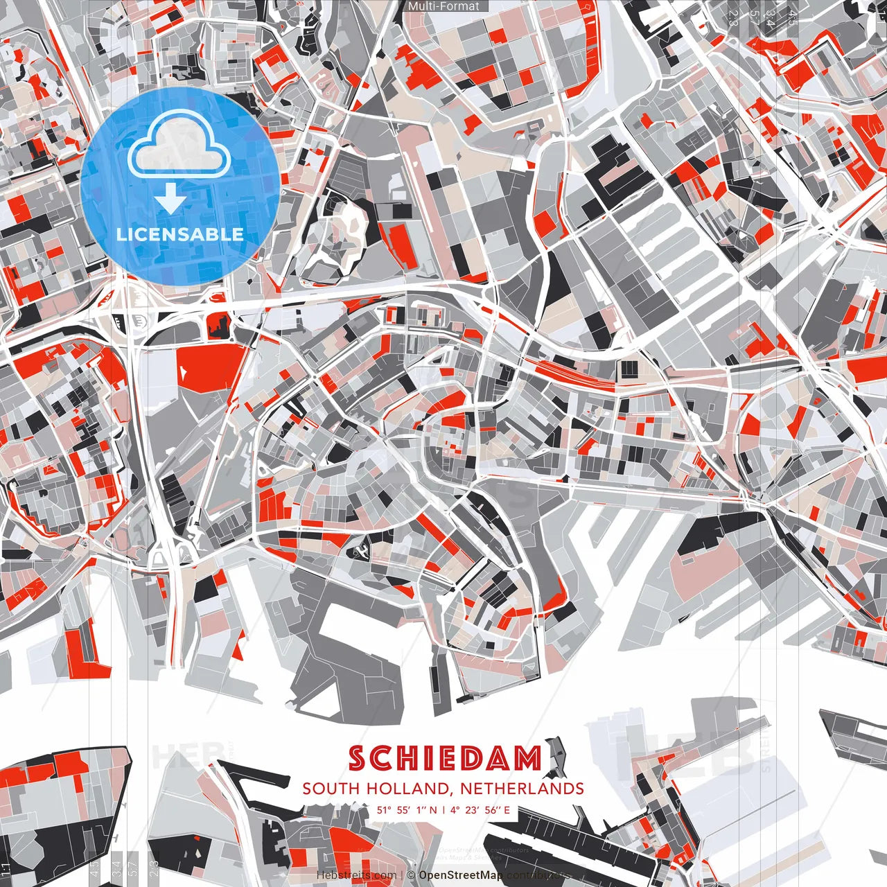 Schiedam, South Holland, Netherlands - modern street map poster template with gray and red tones