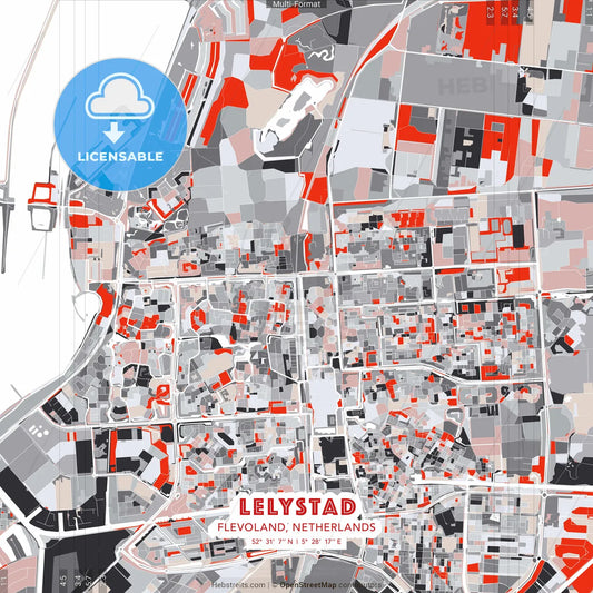 Lelystad, Flevoland, Netherlands - modern street map poster template with gray and red tones