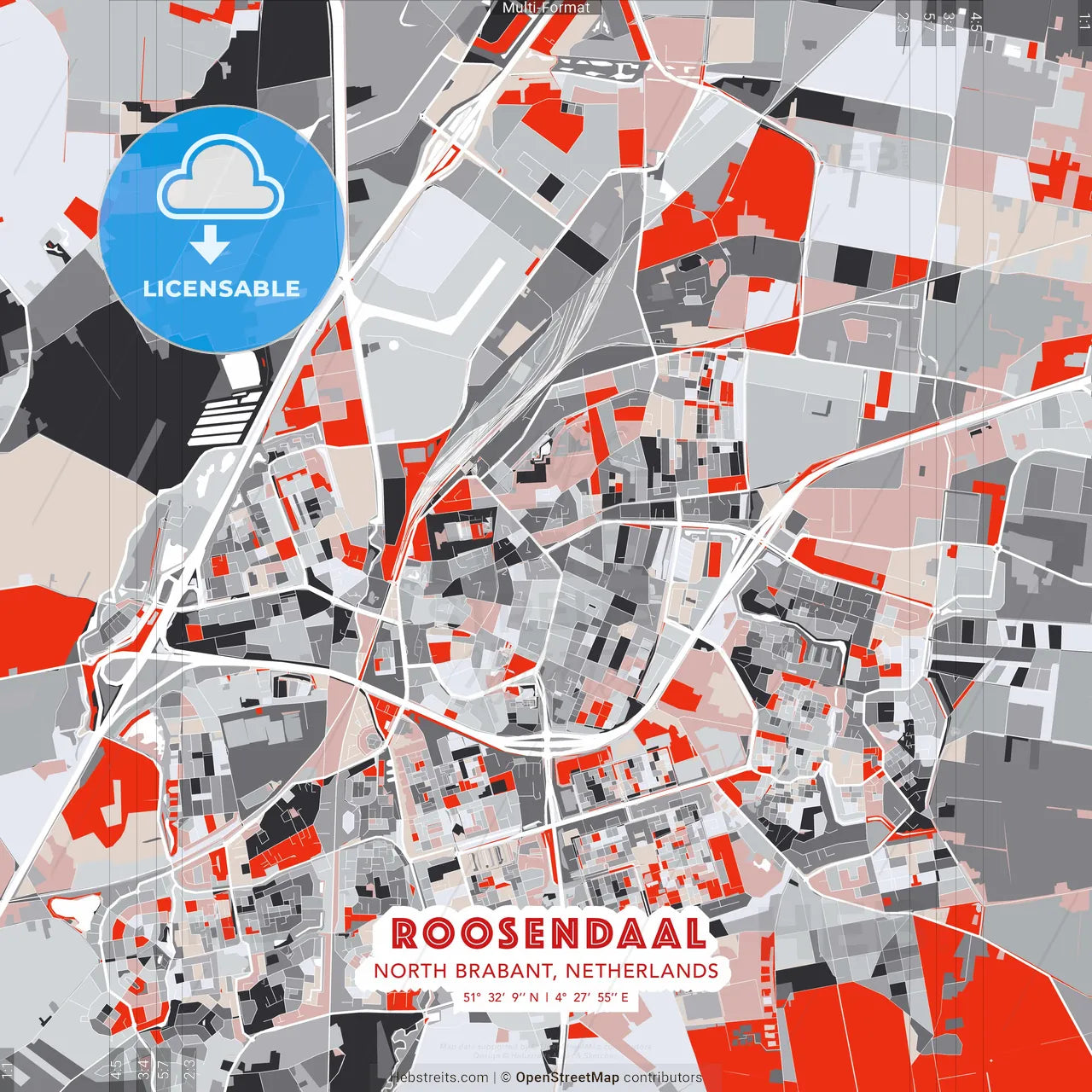 Roosendaal, North Brabant, Netherlands - modern street map poster template with gray and red tones