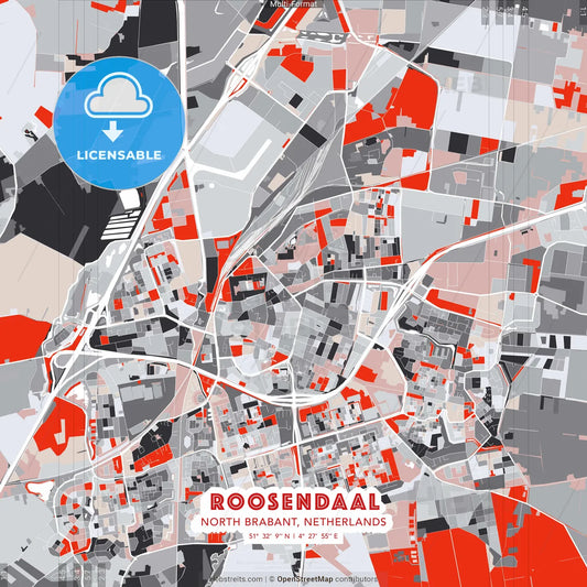 Roosendaal, North Brabant, Netherlands - modern street map poster template with gray and red tones