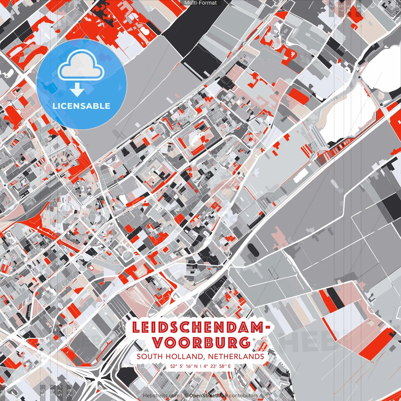 Leidschendam-Voorburg, South Holland, Netherlands - modern street map poster template with gray and red tones