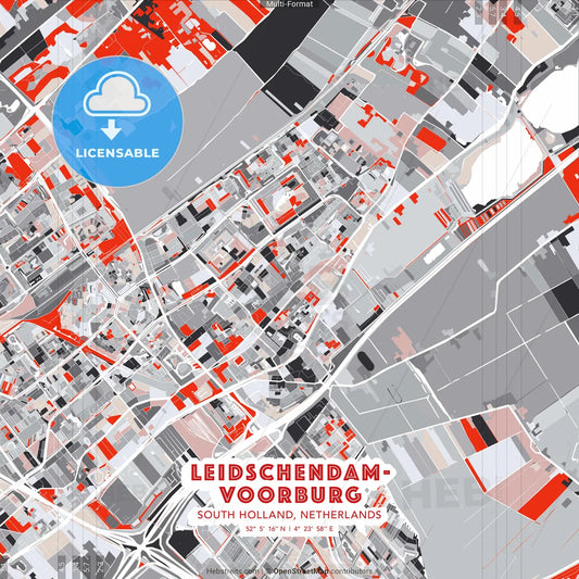 Leidschendam-Voorburg, South Holland, Netherlands - modern street map poster template with gray and red tones