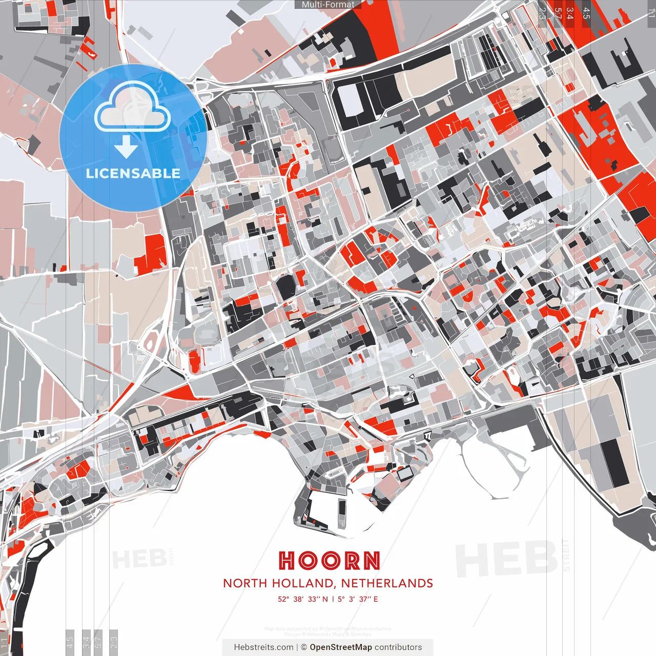 Hoorn, North Holland, Netherlands - modern street map poster template with gray and red tones