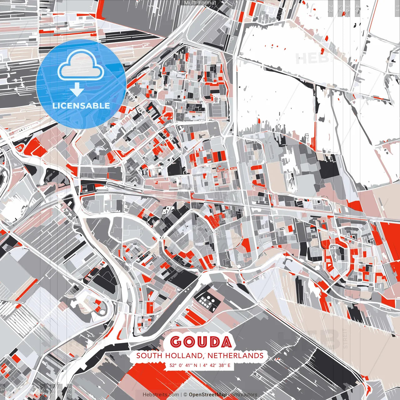 Gouda, South Holland, Netherlands - modern street map poster template with gray and red tones