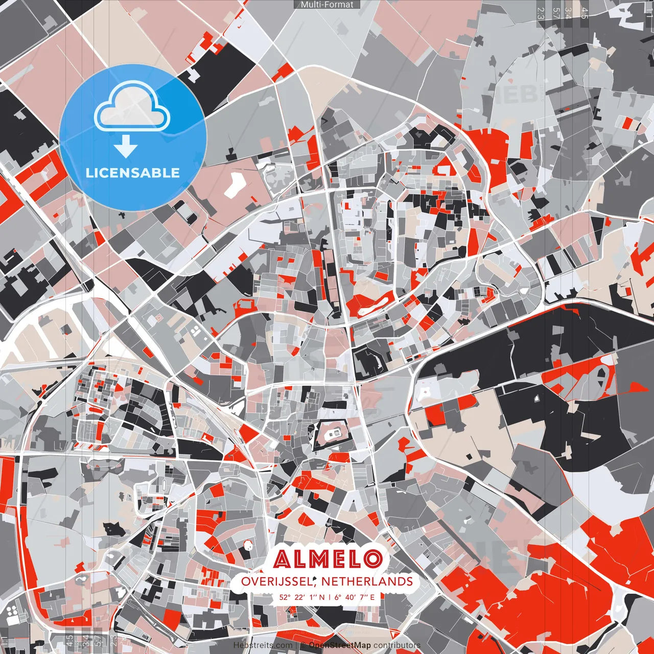 Almelo, Overijssel, Netherlands - modern street map poster template with gray and red tones