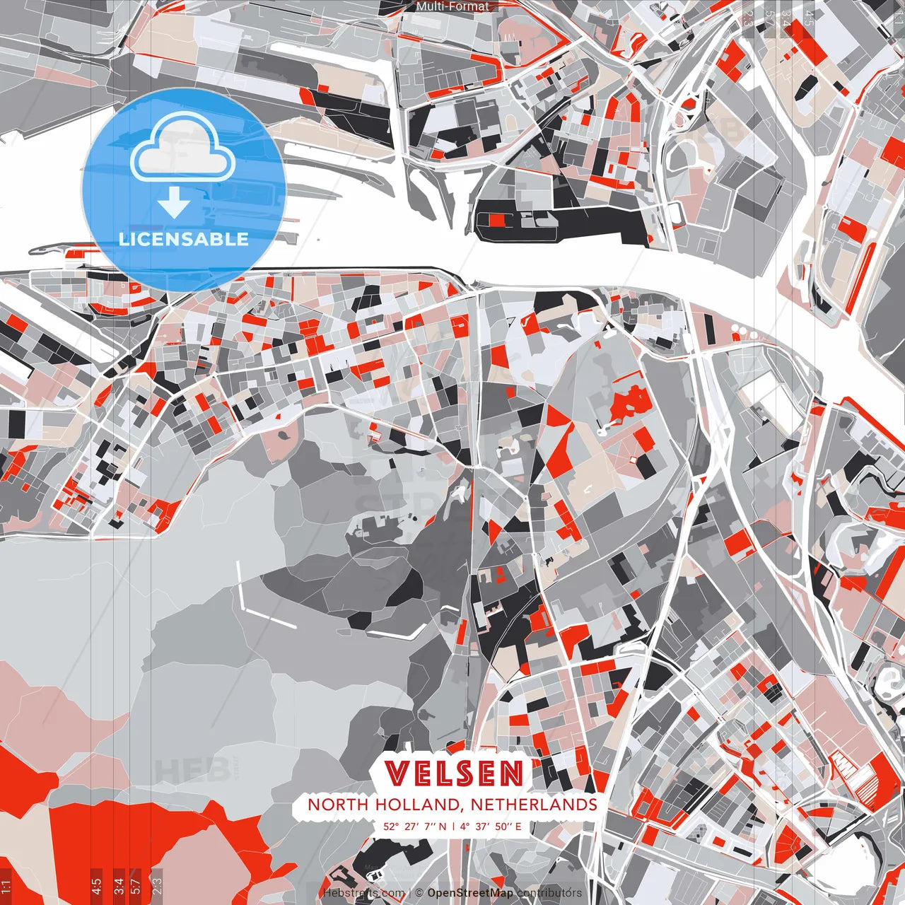 Velsen, North Holland, Netherlands - modern street map poster template with gray and red tones