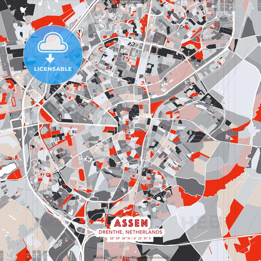 Assen, Drenthe, Netherlands - modern street map poster template with gray and red tones