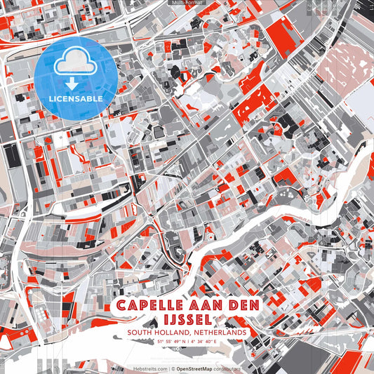 Capelle aan den IJssel, South Holland, Netherlands - modern street map poster template with gray and red tones