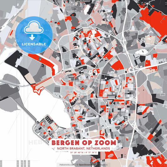 Bergen op Zoom, North Brabant, Netherlands - modern street map poster template with gray and red tones