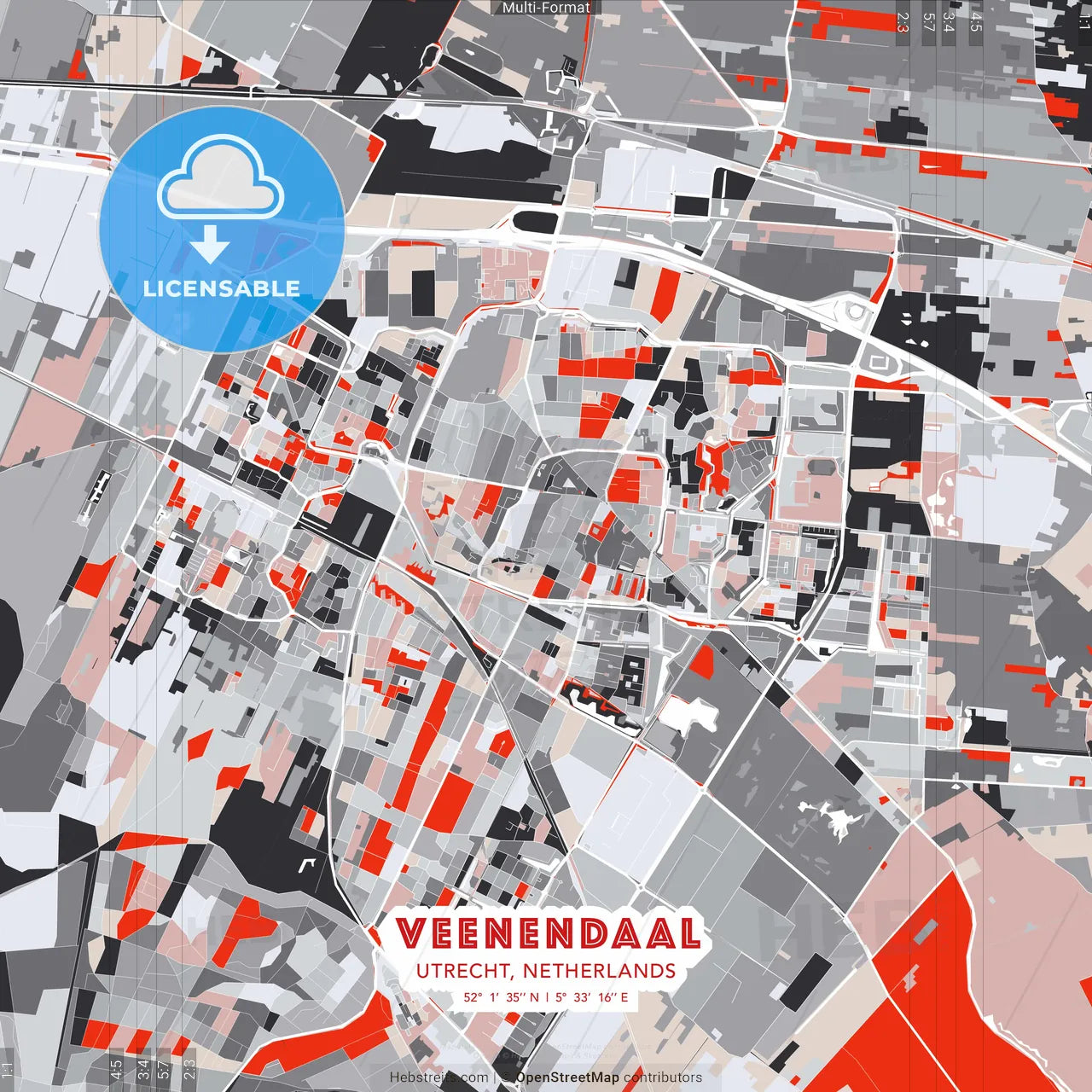 Veenendaal, Utrecht, Netherlands - modern street map poster template with gray and red tones