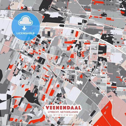 Veenendaal, Utrecht, Netherlands - modern street map poster template with gray and red tones